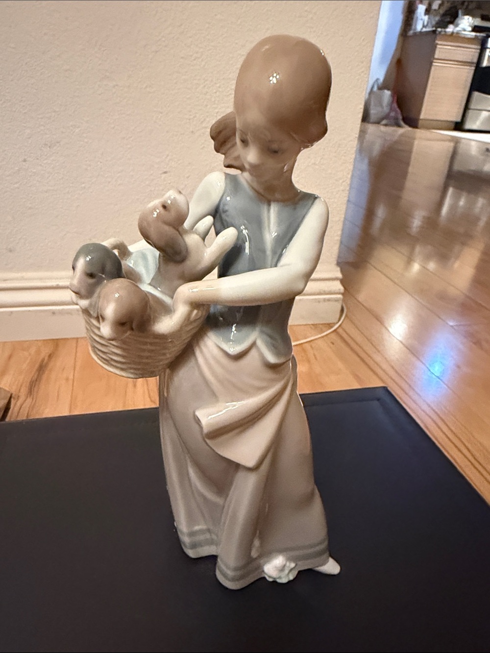 Lladro Glazed Porcelain Girl w/ Basket of Puppies Figurine - real Lladro Spain